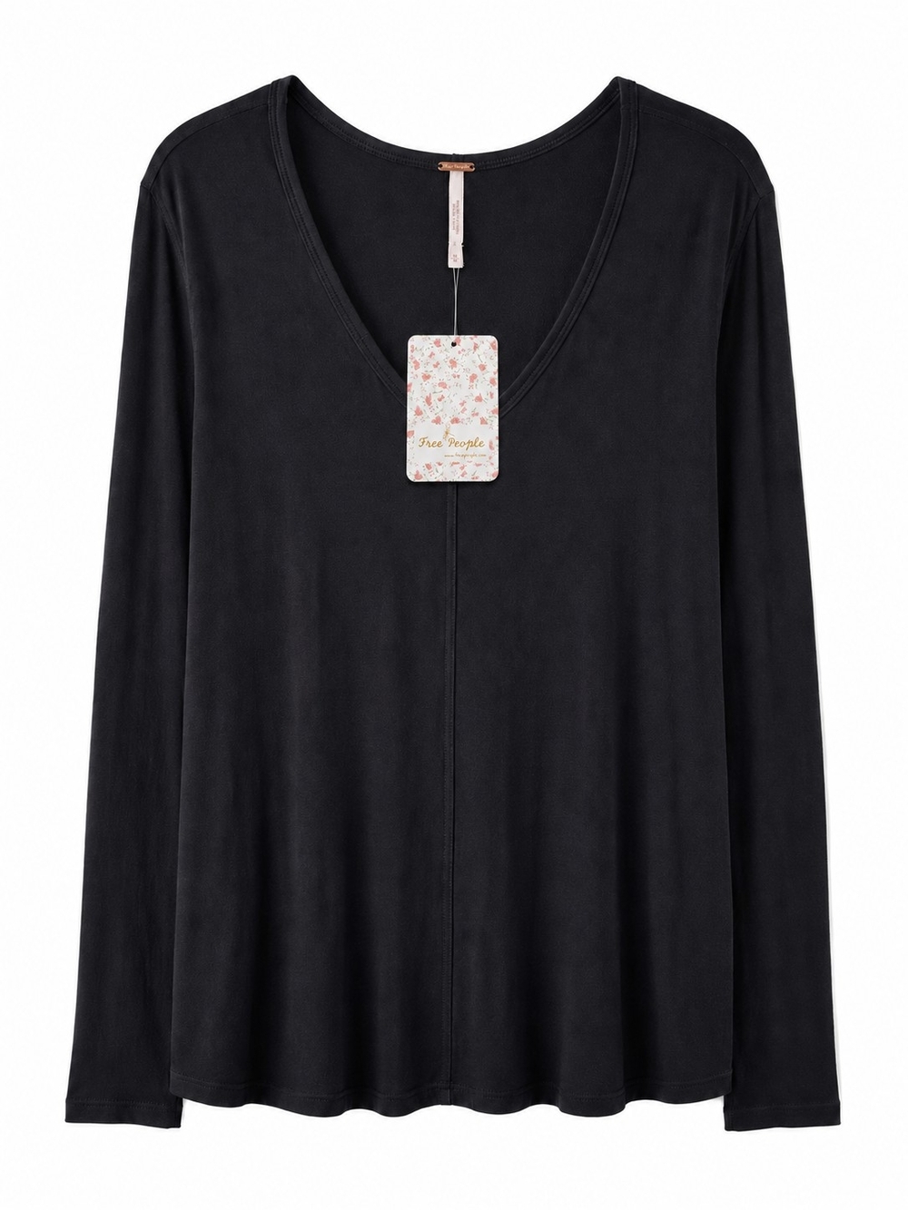 Free People True Black Long Sleeve V-Neck Essential Tee Top NWT Sz. S Boho Chic